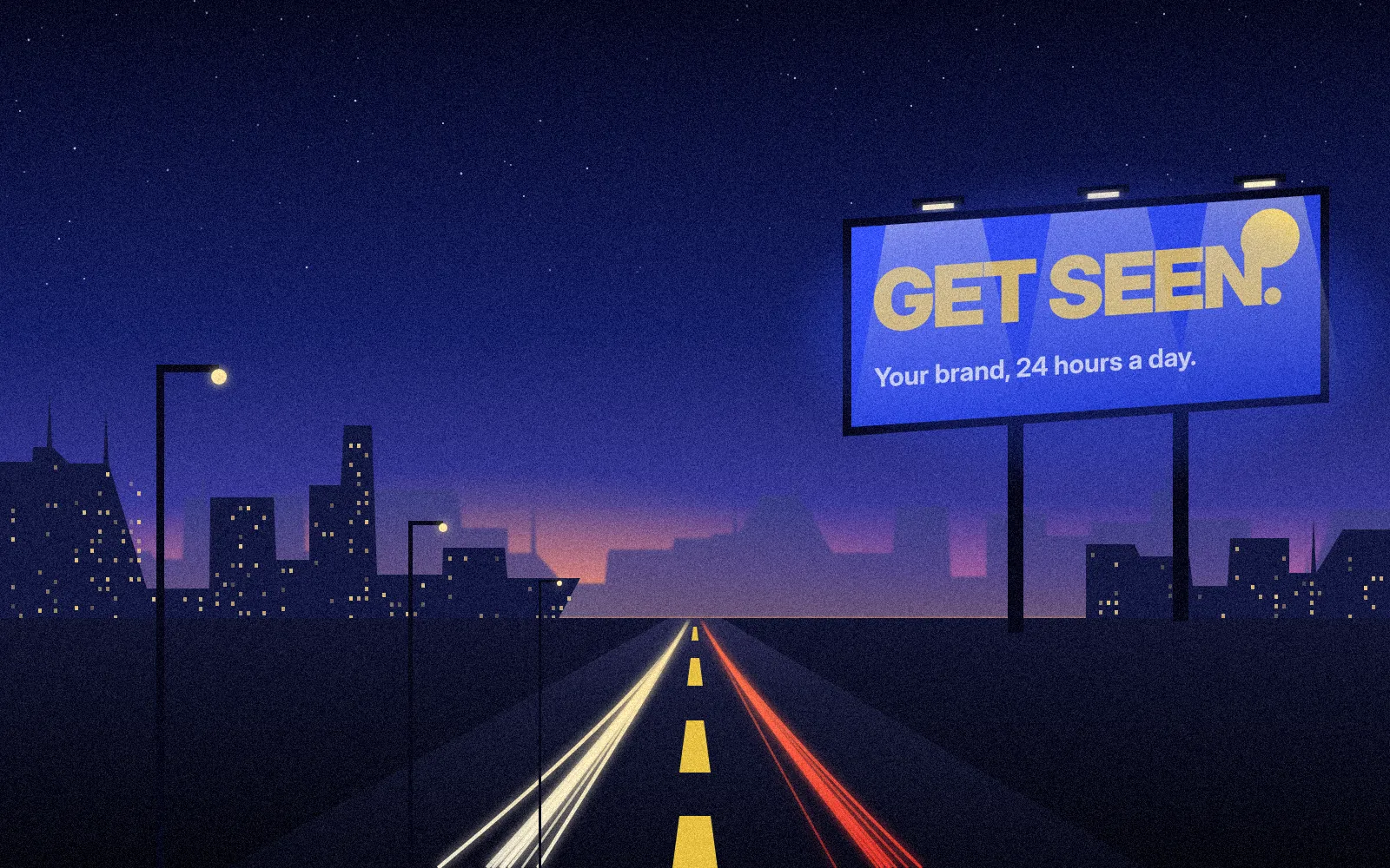 Sample image: a lit billboard beside a highway at dusk