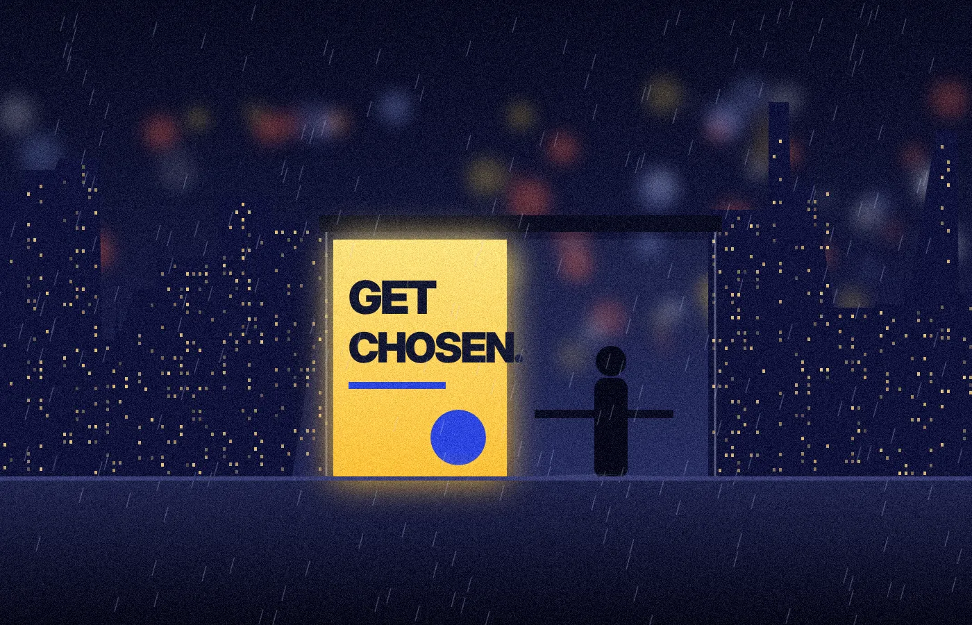 Sample image: a lit bus shelter ad on a rainy street at night